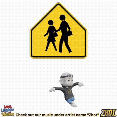 A Cartoon Character Holding A Box Of Pizza Next To A Sign That Says School Crossing GIF