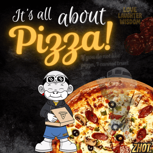 A Cartoon Character Holding A Box Of Pizza With The Words It 'S All About Pizza GIF