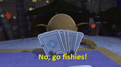 A Cartoon Character Holding A Bunch Of Playing Cards With The Words No Go Fishies Below Him GIF