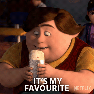 A Cartoon Character Holding A Burrito With The Words It 'S My Favourite Netflix Written Below Him GIF