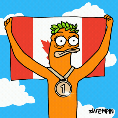 A Cartoon Character Holding A Canadian Flag And Wearing A Medal With The Number 2 GIF