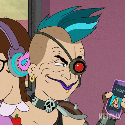 A Cartoon Character Holding A Cell Phone That Says Fichael GIF