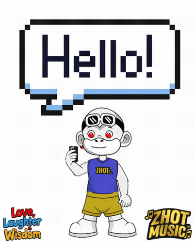 a cartoon character holding a cell phone with a speech bubble that says hello