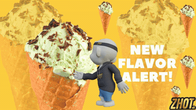 A Cartoon Character Holding A Cone Of Ice Cream With The Words " New Flavor Alert " Below It GIF