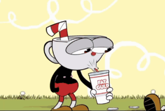 A Cartoon Character Holding A Cup That Says Fat Gulp On It GIF