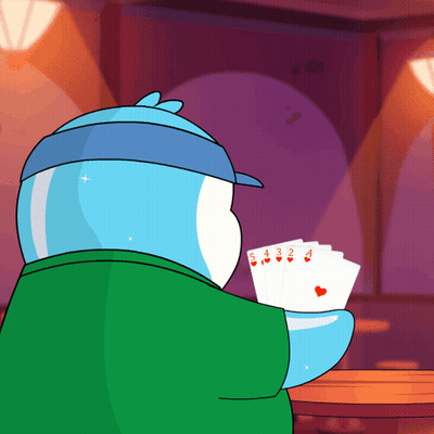 A Cartoon Character Holding A Deck Of Playing Cards With The Numbers 5 4 3 2 And 4 On Them GIF