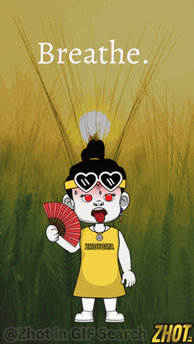 A Cartoon Character Holding A Fan With The Words Breathe Above Her GIF