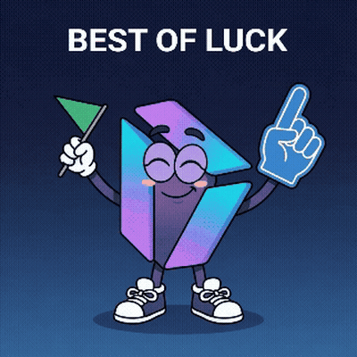 A Cartoon Character Holding A Flag And A Foam Finger With The Words " Best Of Luck " Behind Him GIF