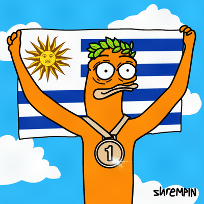 A Cartoon Character Holding A Flag And A Medal With The Number One On It GIF