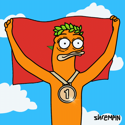 A Cartoon Character Holding A Flag And A Medal With The Number One On It GIF