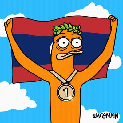 A Cartoon Character Holding A Flag And A Medal With The Number One On It GIF