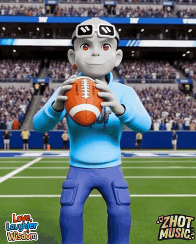 A Cartoon Character Holding A Football With The Words Love Laughter Wisdom On The Bottom Right GIF