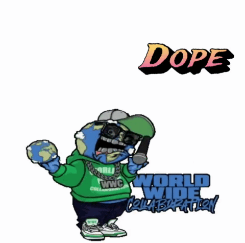 A Cartoon Character Holding A Globe With The Words Dope World Wide Collaboration On The Bottom GIF