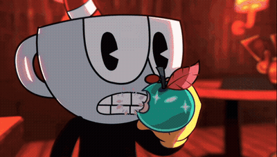 A Cartoon Character Holding A Green Apple With A Red Leaf GIF