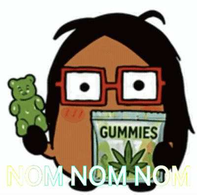 A Cartoon Character Holding A Green Gummy Bear And A Bag Of Gummies GIF