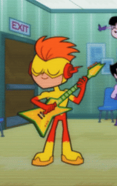 A Cartoon Character Holding A Guitar In Front Of A Sign That Says Exit GIF