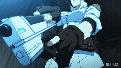 a cartoon character holding a gun with netflix written on the bottom