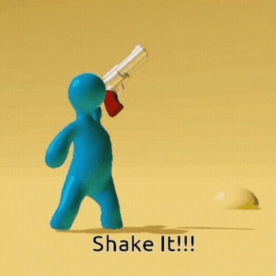 A Cartoon Character Holding A Gun With The Words Shake It Written Below Him GIF
