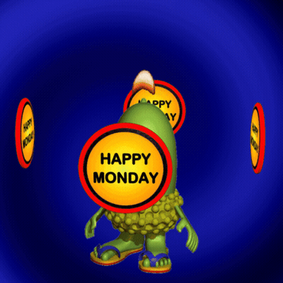 A Cartoon Character Holding A Happy Monday Sign In Front Of His Face GIF