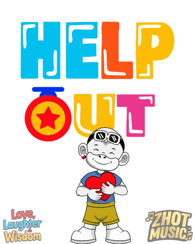 A Cartoon Character Holding A Heart In Front Of A Help Out Logo GIF