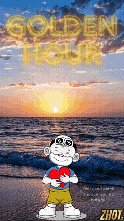 A Cartoon Character Holding A Heart In Front Of The Ocean With The Words Golden Hour Behind Him GIF
