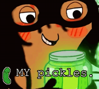 A Cartoon Character Holding A Jar Of Pickles With The Words " My Pickles " Below Him GIF