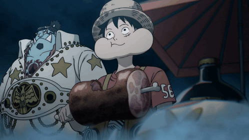 A Cartoon Character Holding A Large Piece Of Meat With The Number 55 On His Shirt GIF