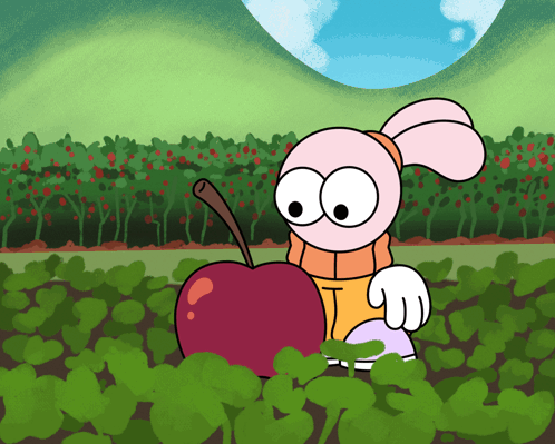 A Cartoon Character Holding A Large Red Apple In A Field GIF