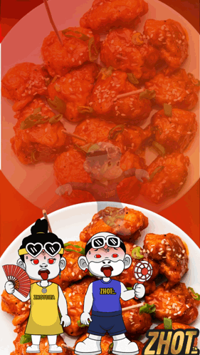 A Cartoon Character Holding A Lollipop Is Next To A Plate Of Food That Says Zhot GIF