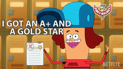 A Cartoon Character Holding A Paper That Says I Got An A + And A Gold Star On It GIF