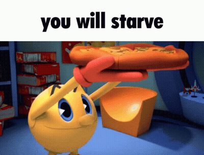 A Cartoon Character Holding A Pizza With The Words " You Will Starve " Written On The Bottom GIF
