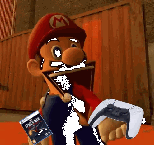A Cartoon Character Holding A Playstation Controller And A Spider-Man Game Sticker