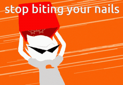A Cartoon Character Holding A Red Box With The Words Stop Biting Your Nails Written On It GIF