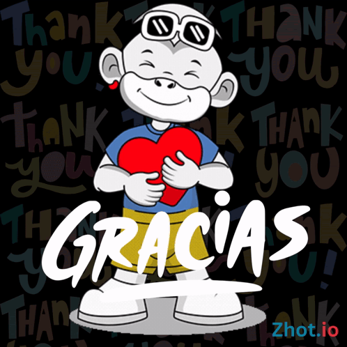 A Cartoon Character Holding A Red Heart With The Word Gracias In White GIF