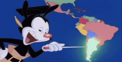 A Cartoon Character Holding A Screwdriver Pointing At A Map Of South America GIF