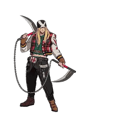A Cartoon Character Holding A Scythe With A Chain Around His Waist Sticker