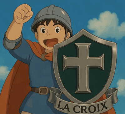 A Cartoon Character Holding A Shield With A Cross On It That Says La Croix GIF