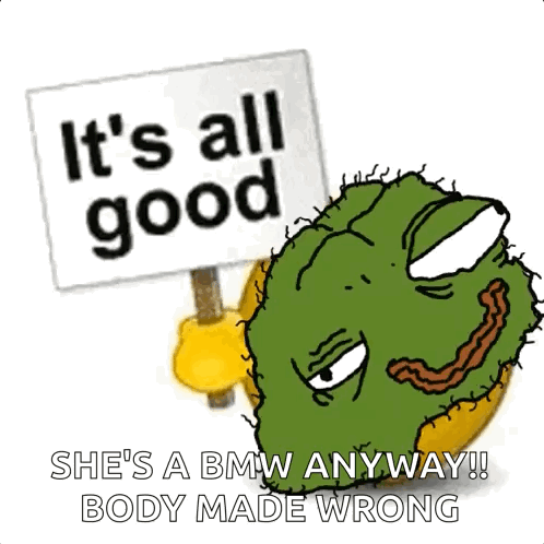 A Cartoon Character Holding A Sign That Says It 'S All Good She 'S A Bmw Anyway Body Made Wrong GIF