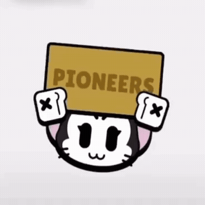 A Cartoon Character Holding A Sign That Says Pioneers On It GIF