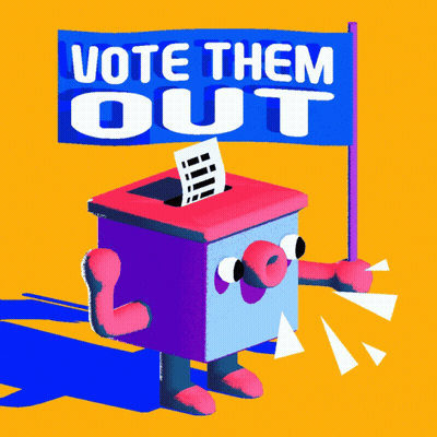 A Cartoon Character Holding A Sign That Says Vote Them Out Next To A Ballot Box GIF