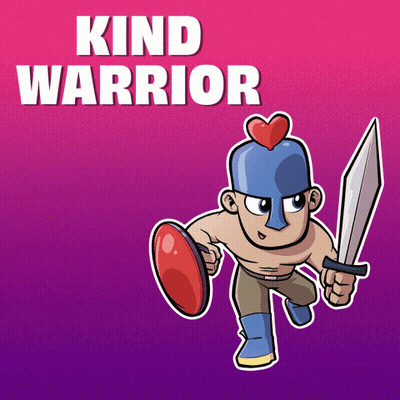 A Cartoon Character Holding A Sword And Shield With The Words " Kind Warrior " Above Him GIF