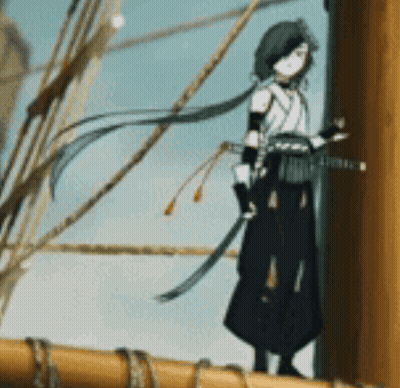 A Cartoon Character Holding A Sword Standing On A Boat GIF