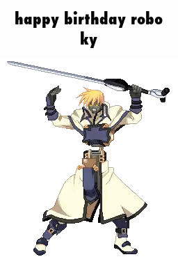 A Cartoon Character Holding A Sword With The Words Happy Birthday Robo Ky Sticker