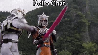A Cartoon Character Holding A Sword With The Words Hello Chat Above Him GIF