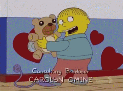 A Cartoon Character Holding A Teddy Bear With The Consulting Producer Carolyn Omine Written On The Bottom GIF