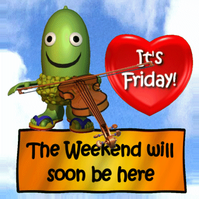 A Cartoon Character Holding A Violin Next To A Sign That Says It 'S Friday GIF
