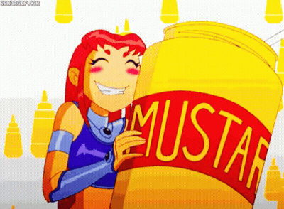 A Cartoon Character Holding A Yellow Mustard Container GIF