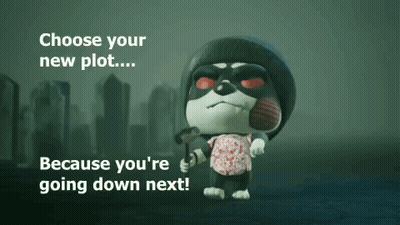 A Cartoon Character Holding An Axe With The Words Choose Your New Plot Because You 'Re Going Down Next On The Bottom GIF