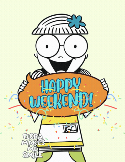 A Cartoon Character Holding An Orange Sign That Says Happy Weekend GIF