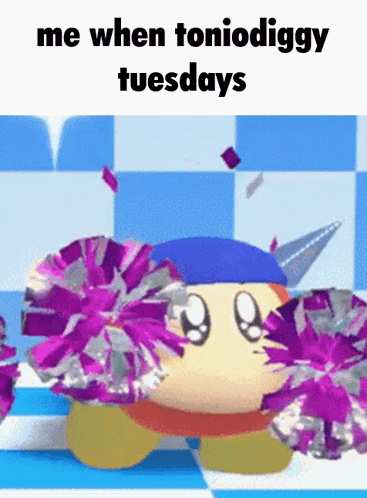 A Cartoon Character Holding Purple And Silver Pom Poms Says Me When Toniodiggy Tuesdays GIF